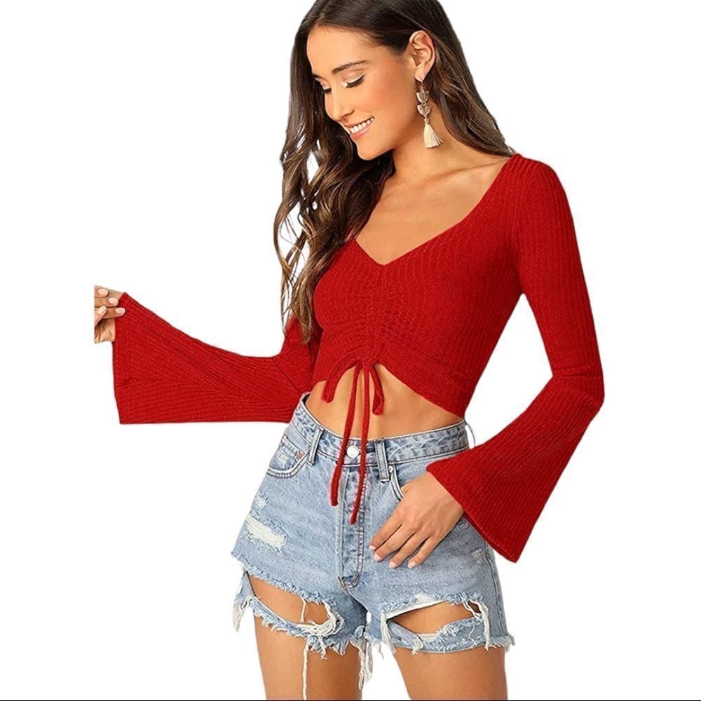 SweatyRocks Women's Adjustable Drawstring String Long Bell Rib Knit Sexy Top